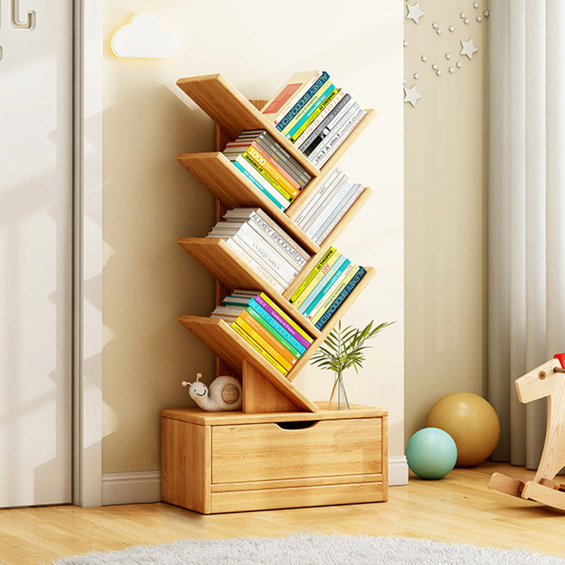 Rectangular tiered bookshelf with angled compartments and two storage drawers