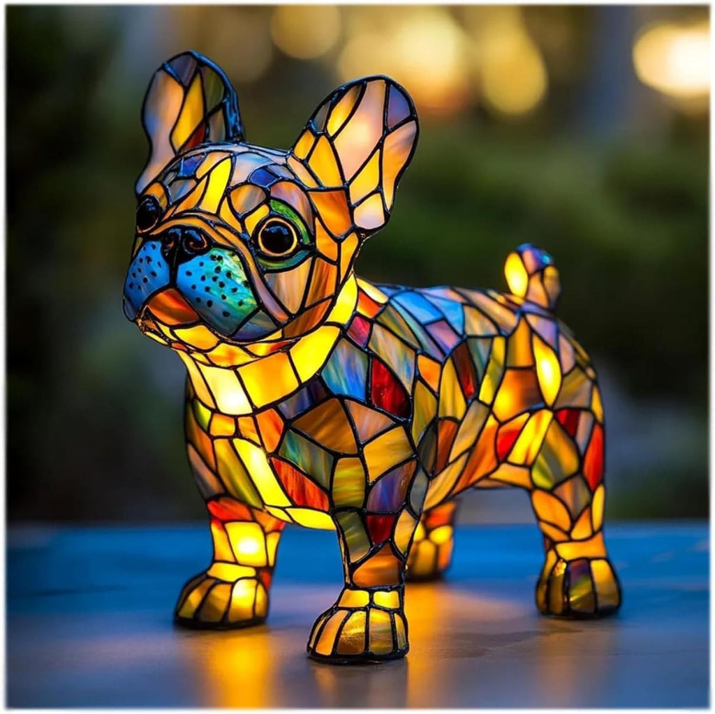 Colourful stained glass-style dog table lamp with LED light and USB cable