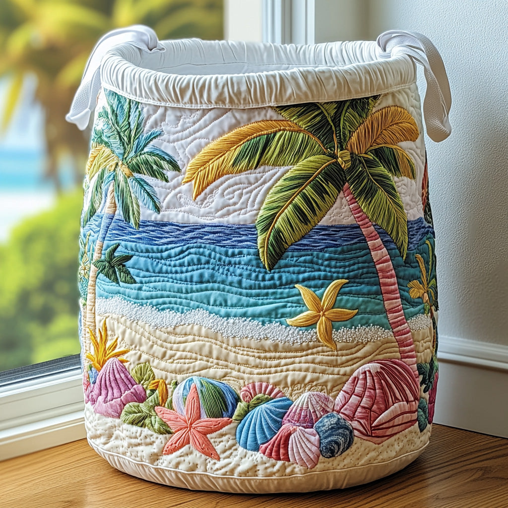 Cream quilted laundry basket with tropical palm, beach and floral design