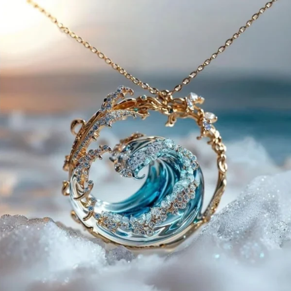 Gold-tone necklace with a circular blue wave pendant