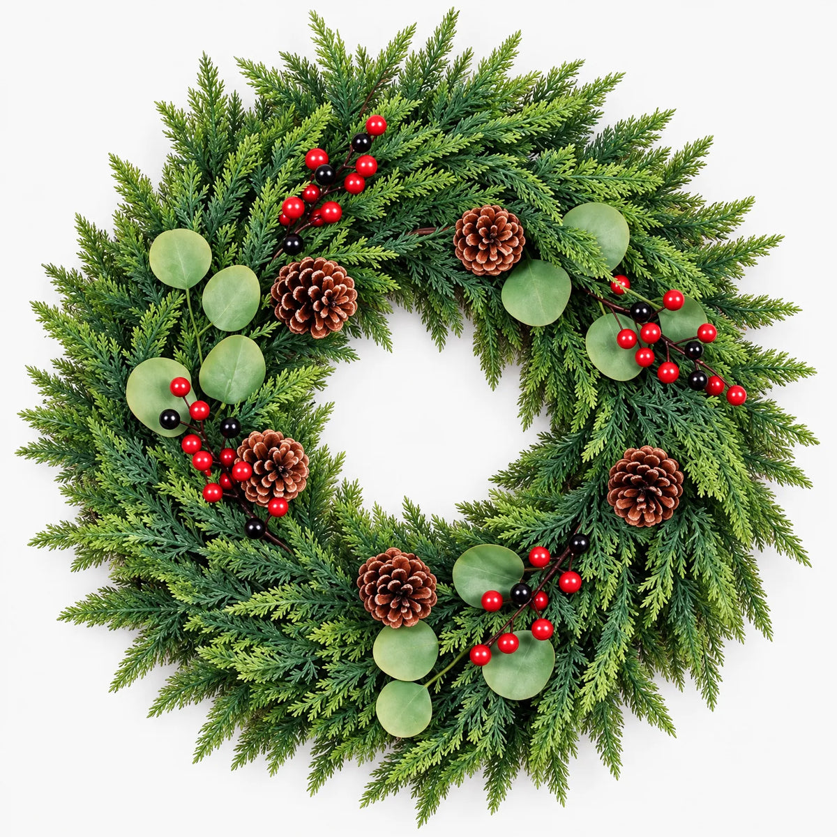 Artificial evergreen Christmas wreath with festive decorative accents