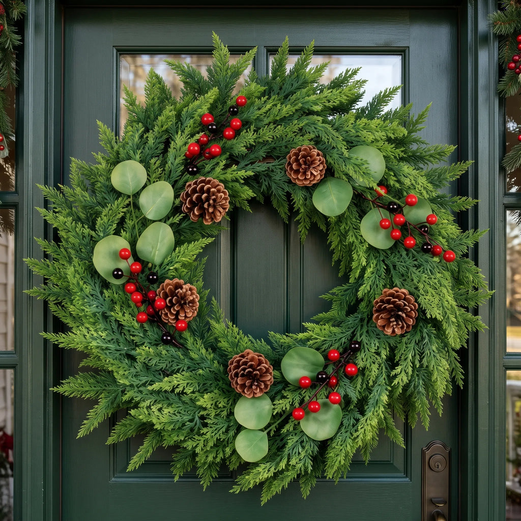 Artificial evergreen Christmas wreath with festive decorative accents