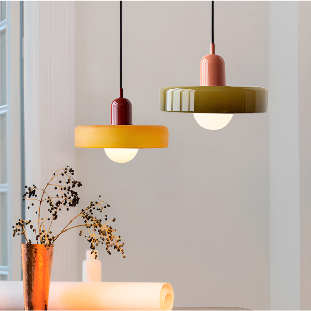 Adjustable hanging ceiling light with a colourful glass shade