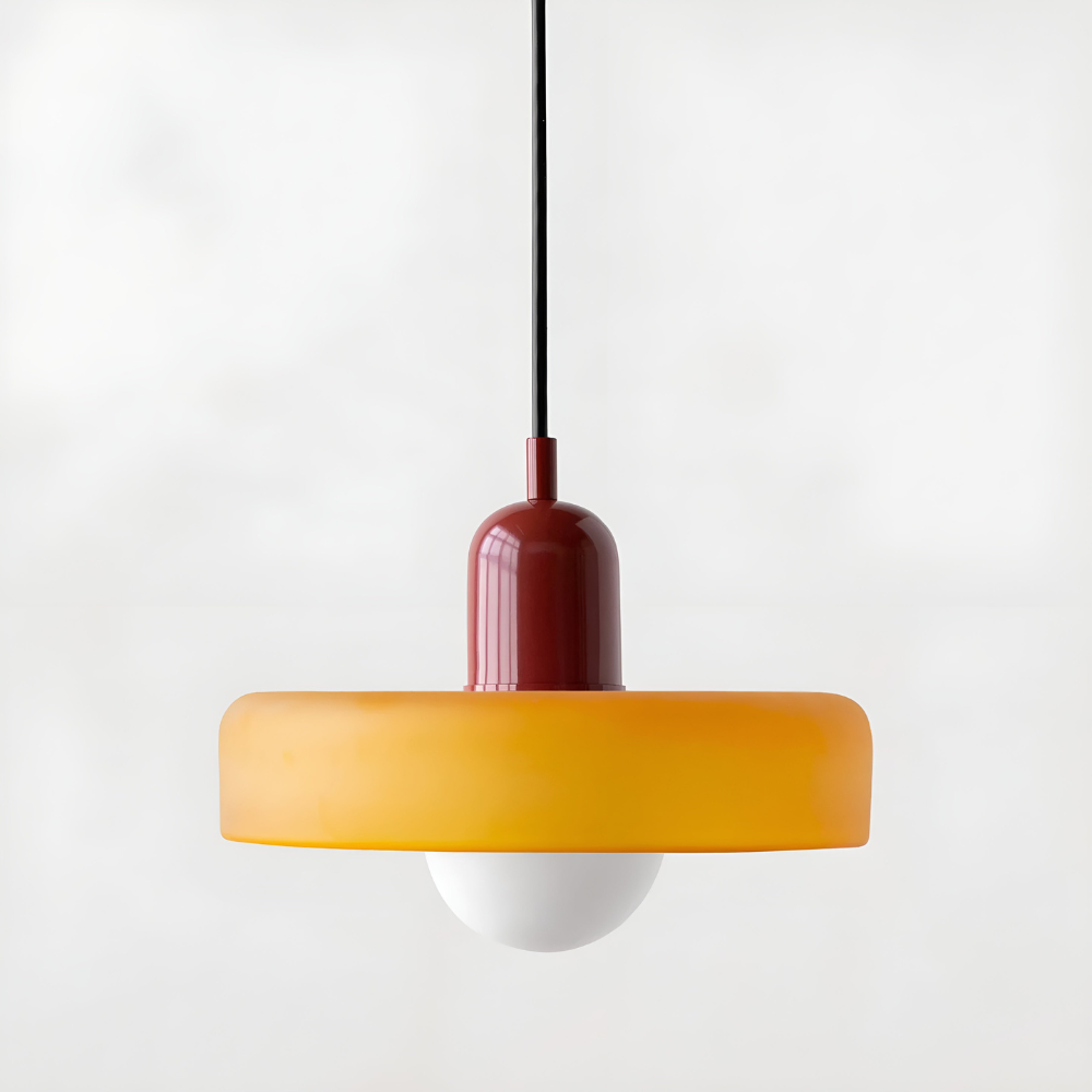 Adjustable hanging ceiling light with a colourful glass shade