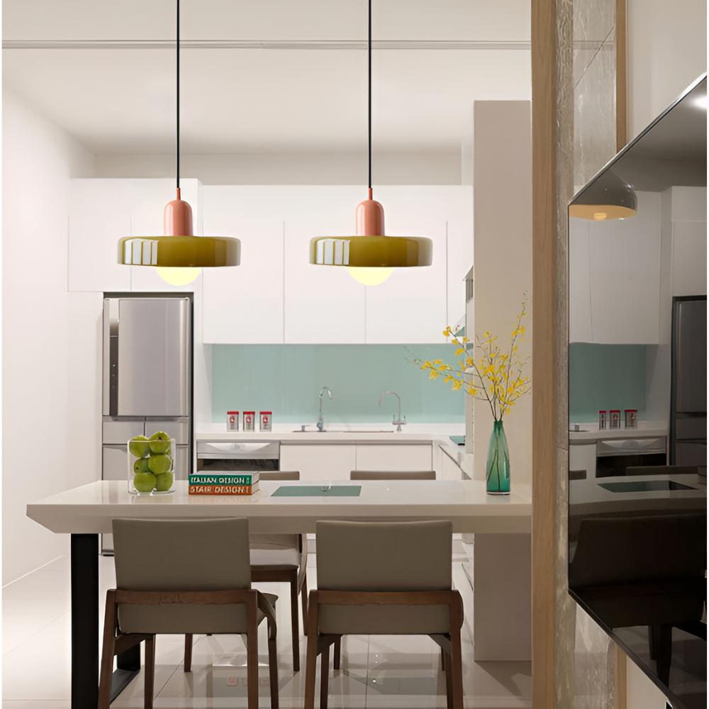 Adjustable hanging ceiling light with a colourful glass shade