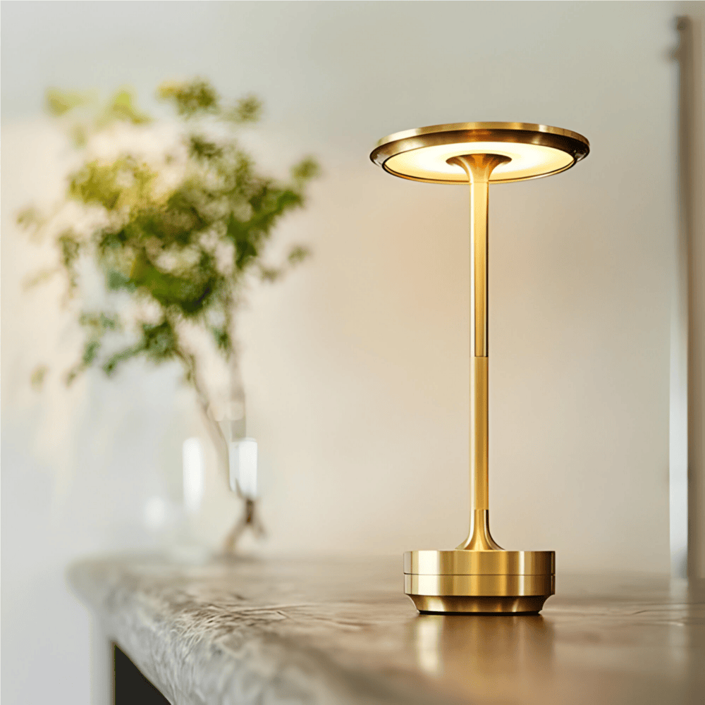 USB rechargeable touch table lamp with round top and circular base