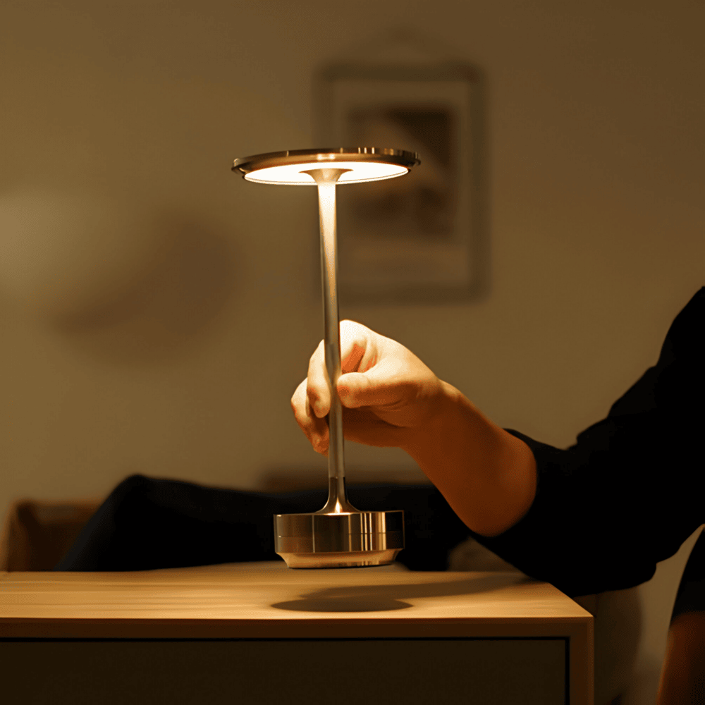 USB rechargeable touch table lamp with round top and circular base