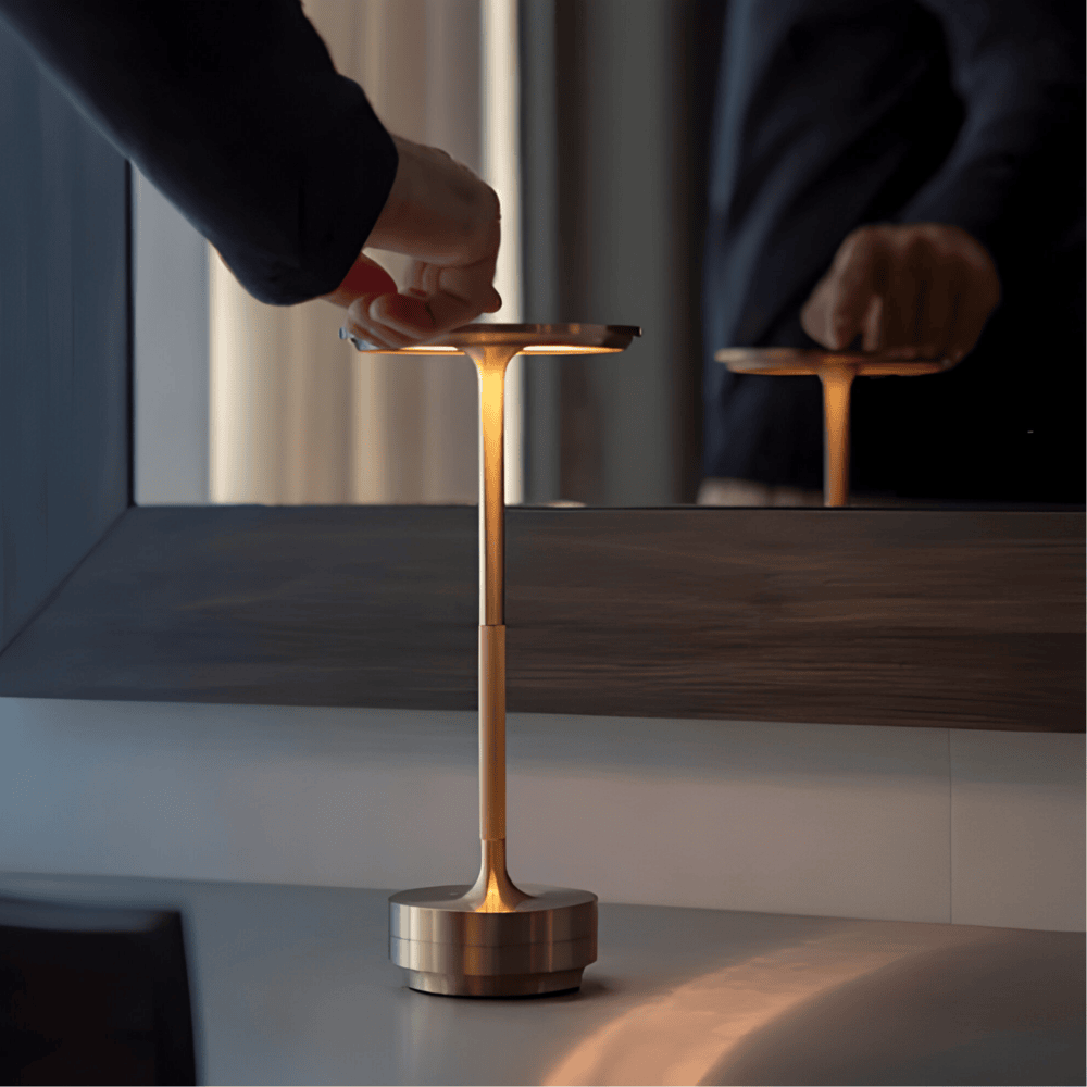 USB rechargeable touch table lamp with round top and circular base