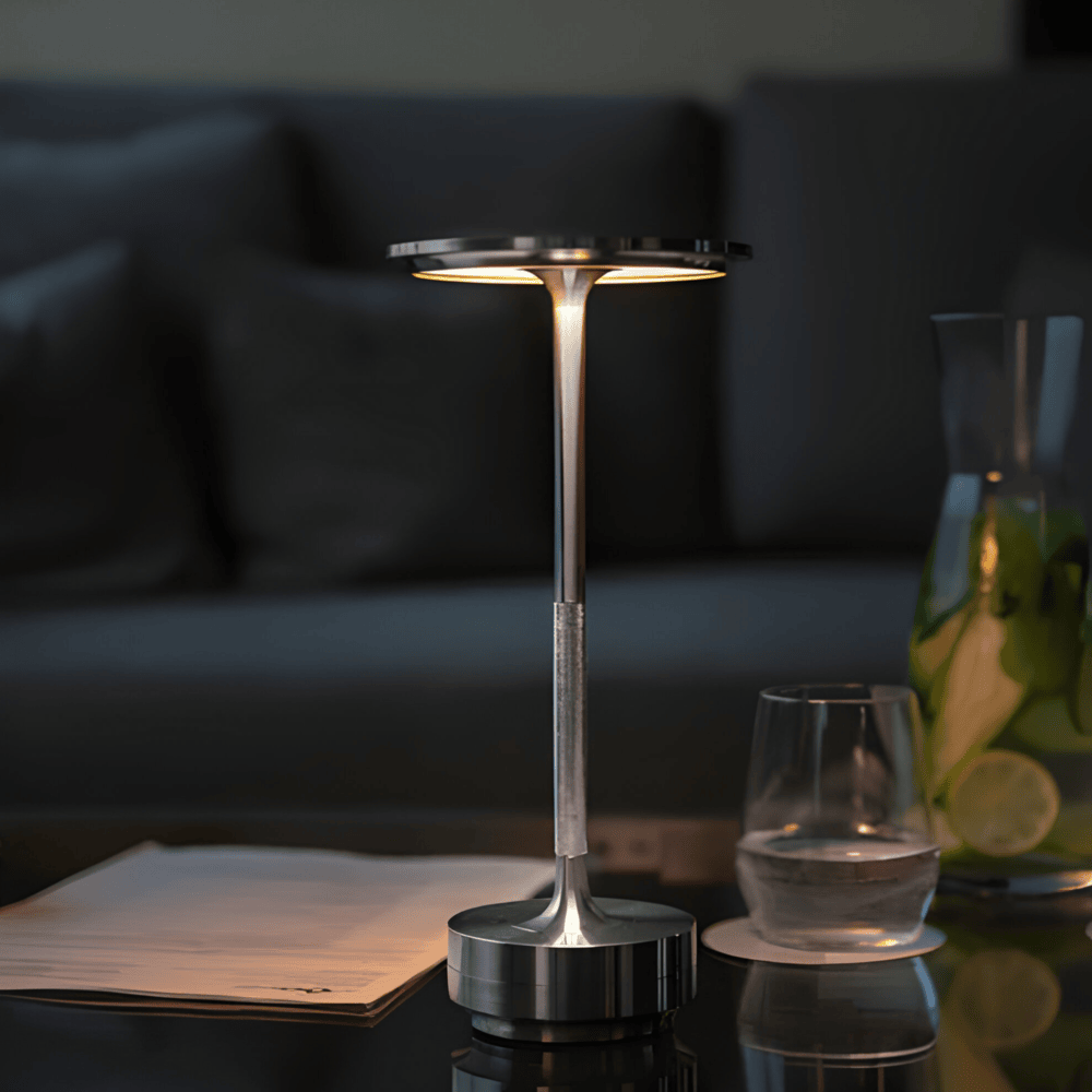 USB rechargeable touch table lamp with round top and circular base