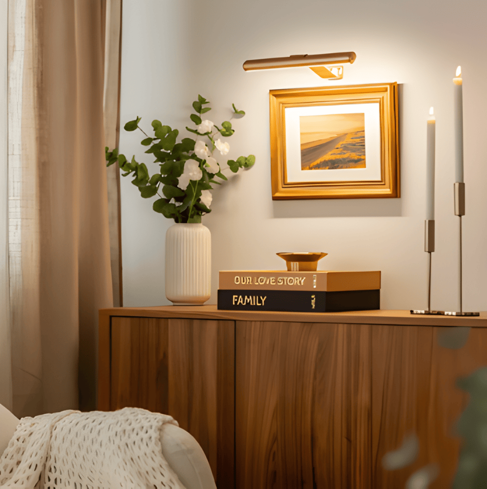 Cordless rotatable LED wall light mounted above framed artwork
