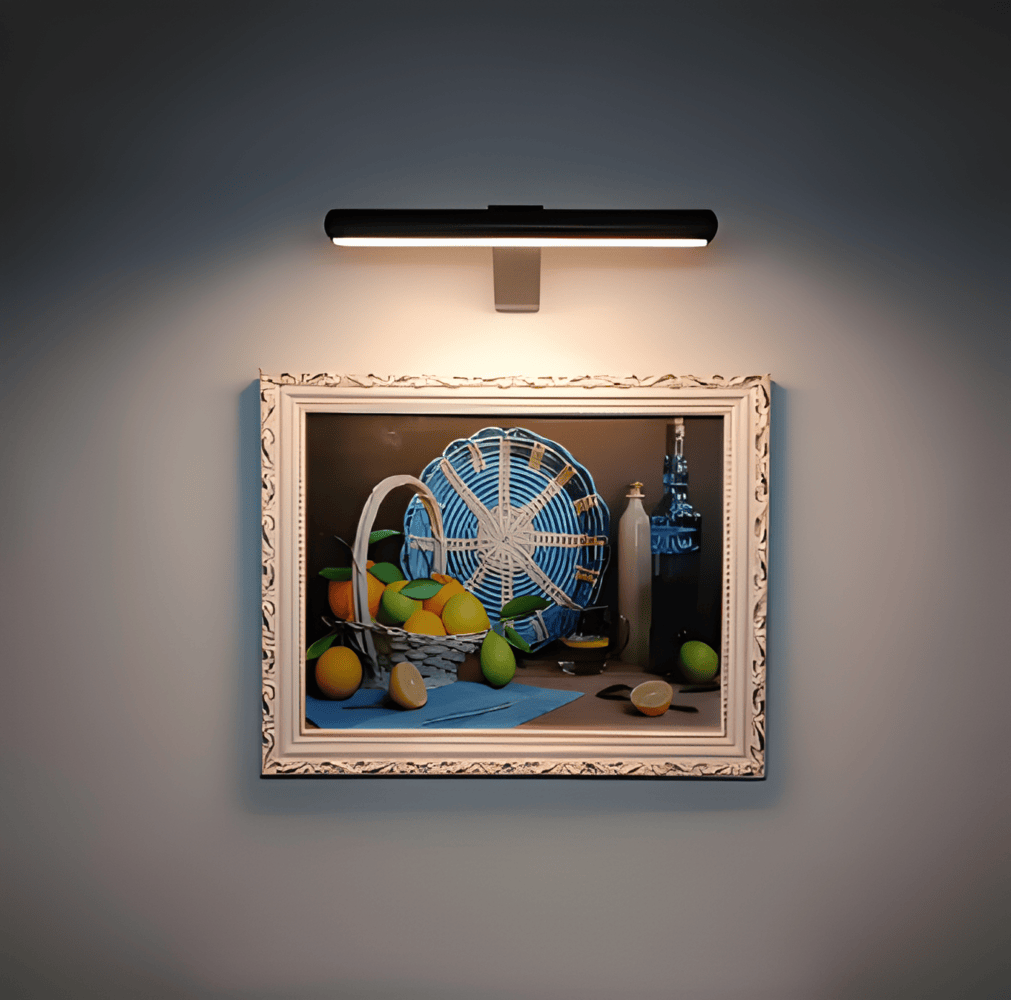 Cordless rotatable LED wall light mounted above framed artwork