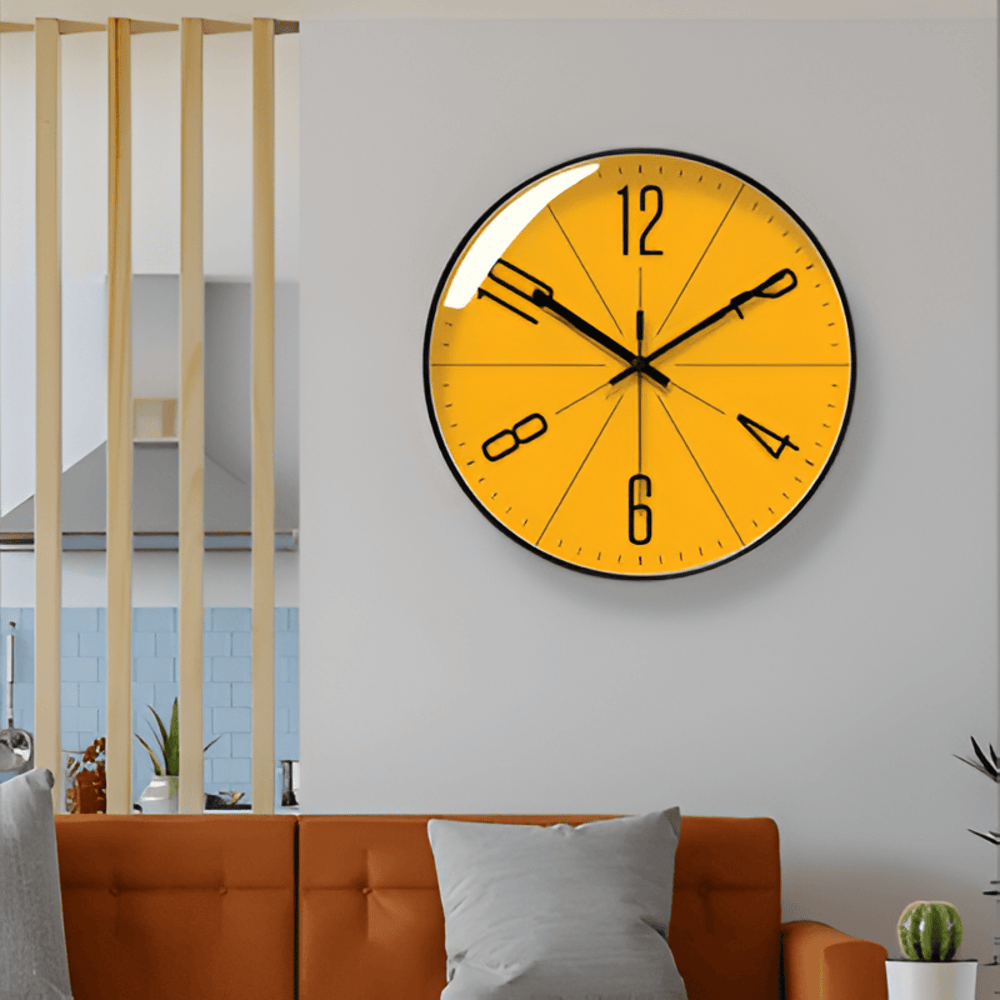 Round minimalist wall clock with graphic numerals and radial dial lines