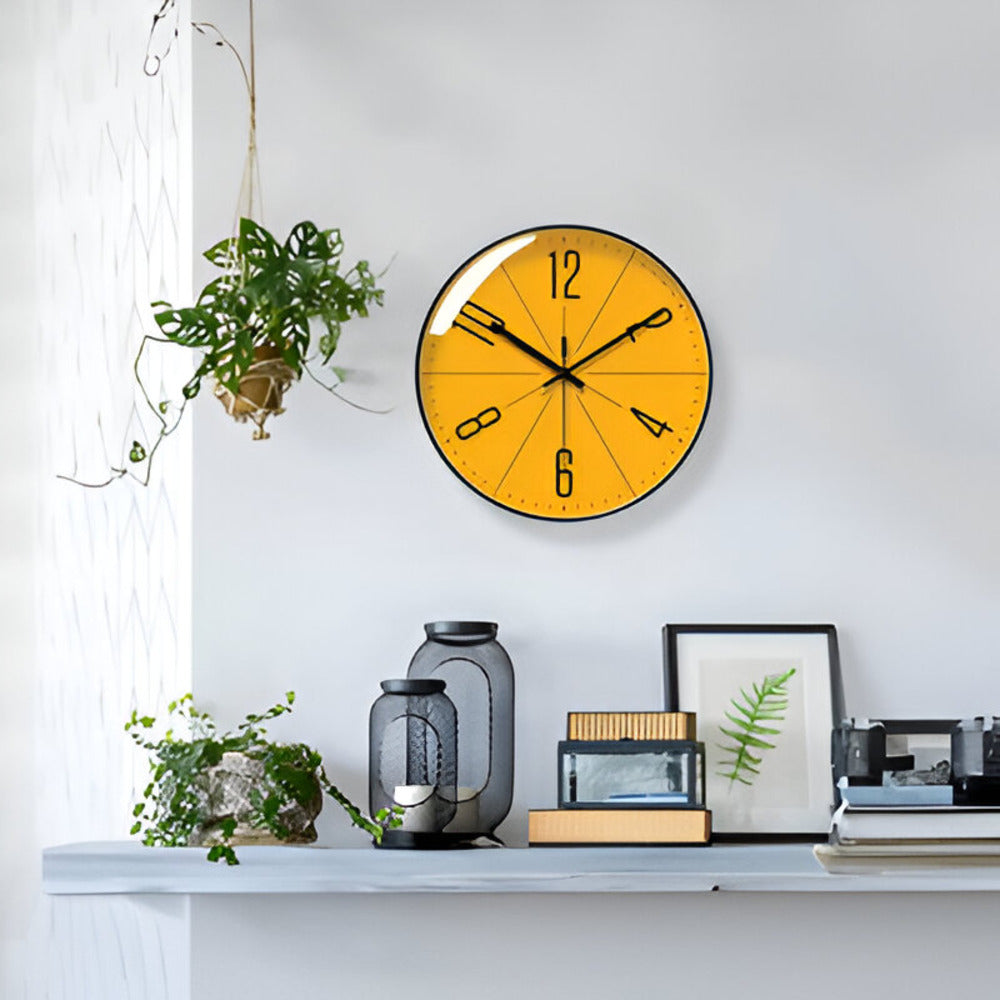 Round minimalist wall clock with graphic numerals and radial dial lines