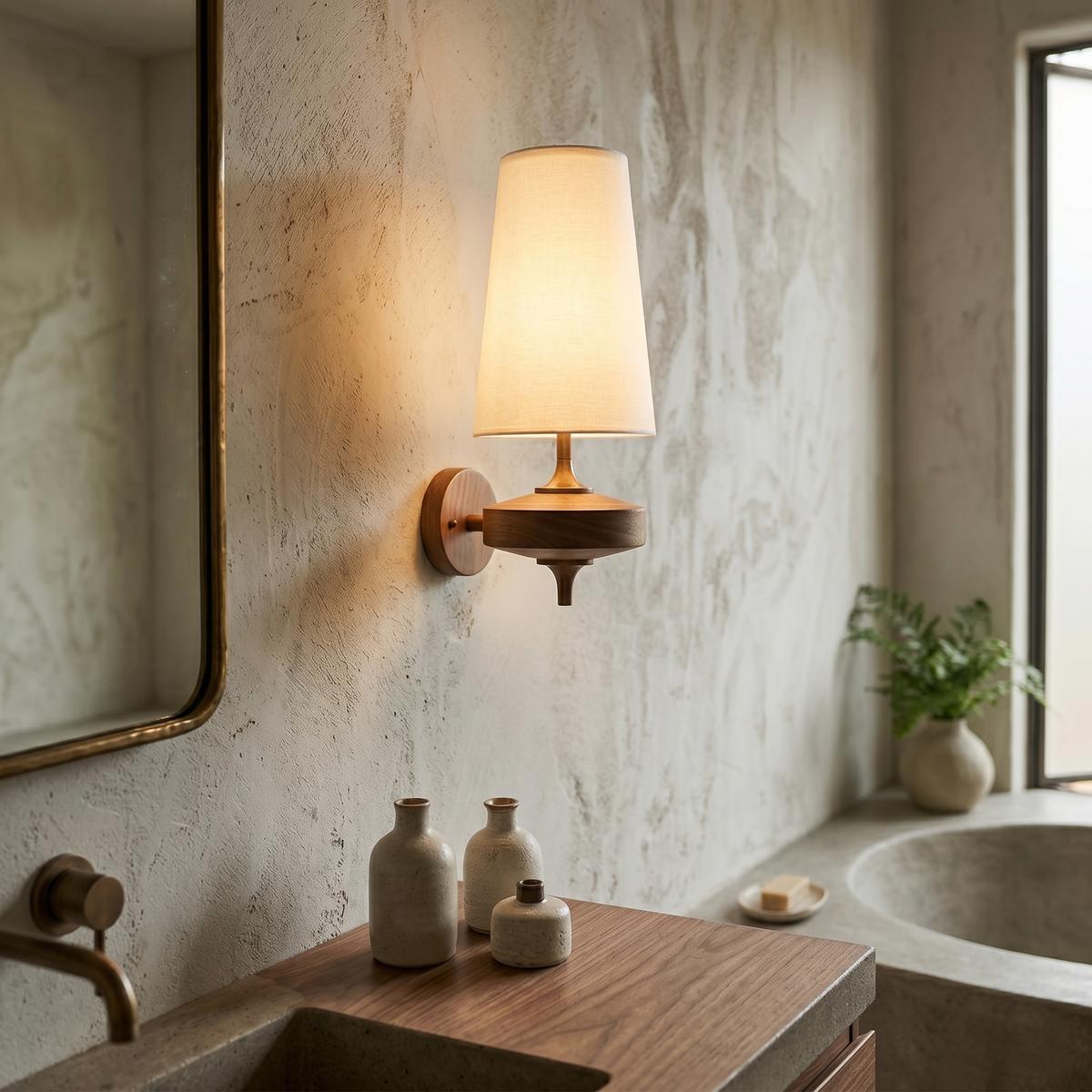 Double wall lamp with tapered shades, wood-effect bodies and central metal mount