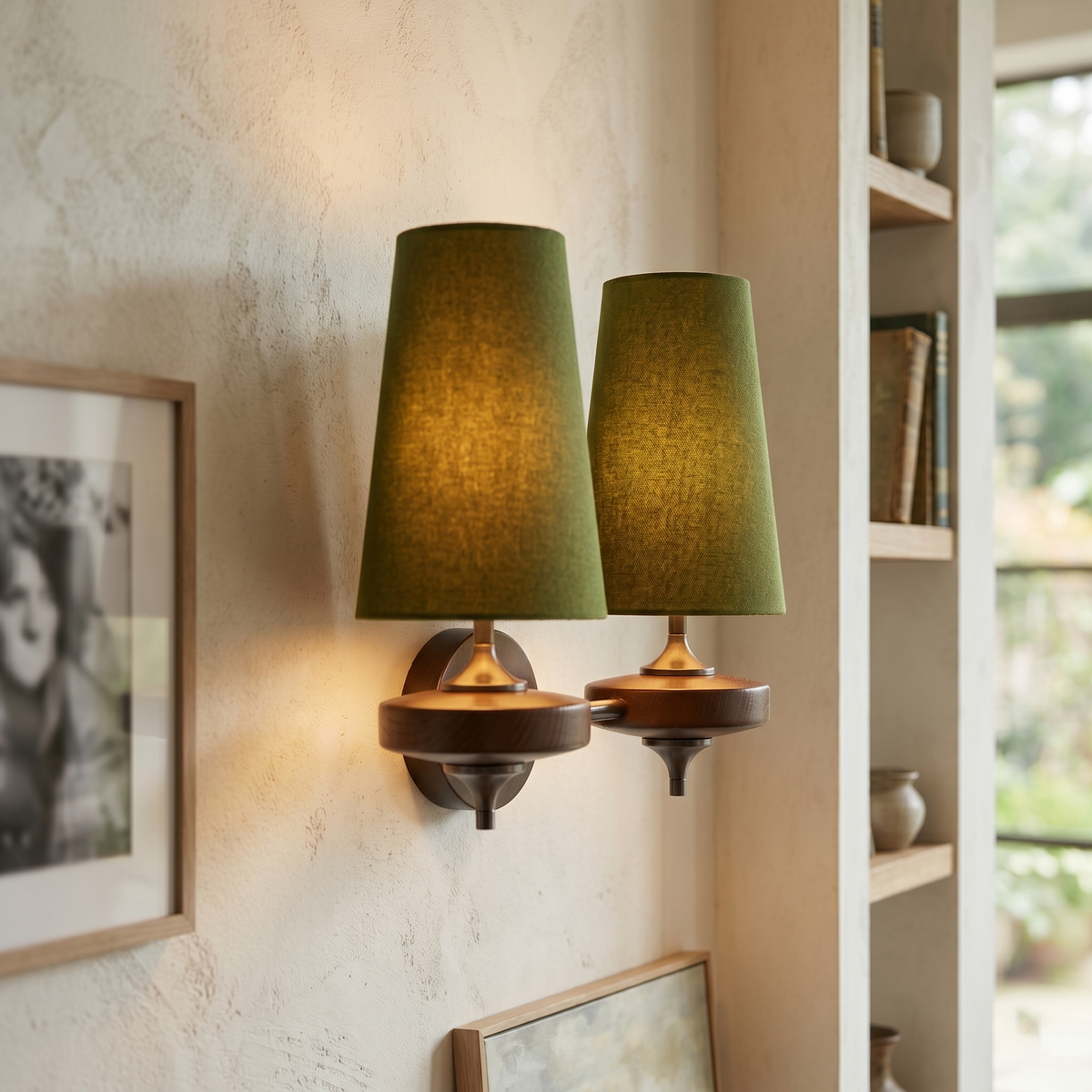Double wall lamp with tapered shades, wood-effect bodies and central metal mount