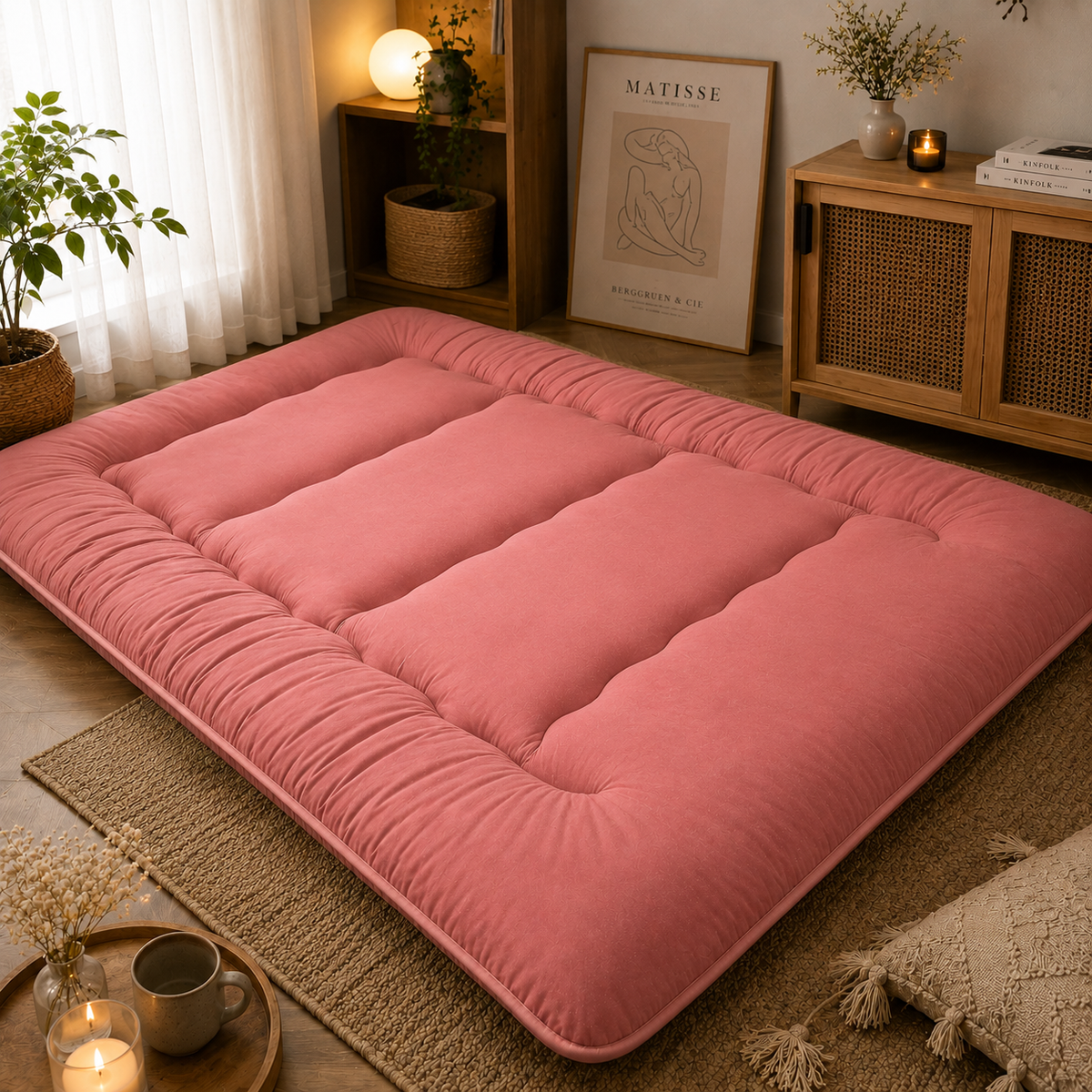 Foldable padded Japanese floor mattress with a raised border