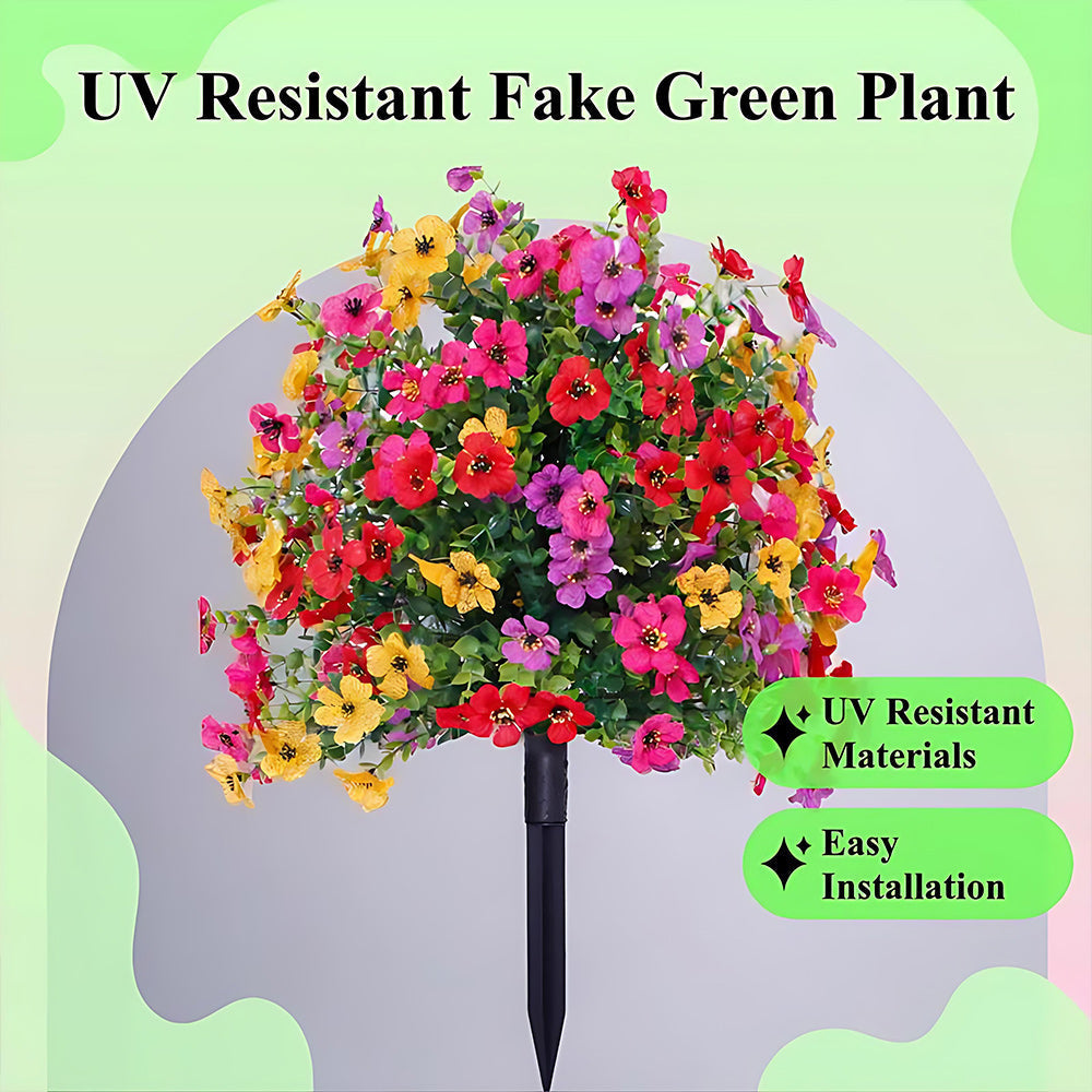 Artificial outdoor flower garden stake with dense colourful blooms and green foliage