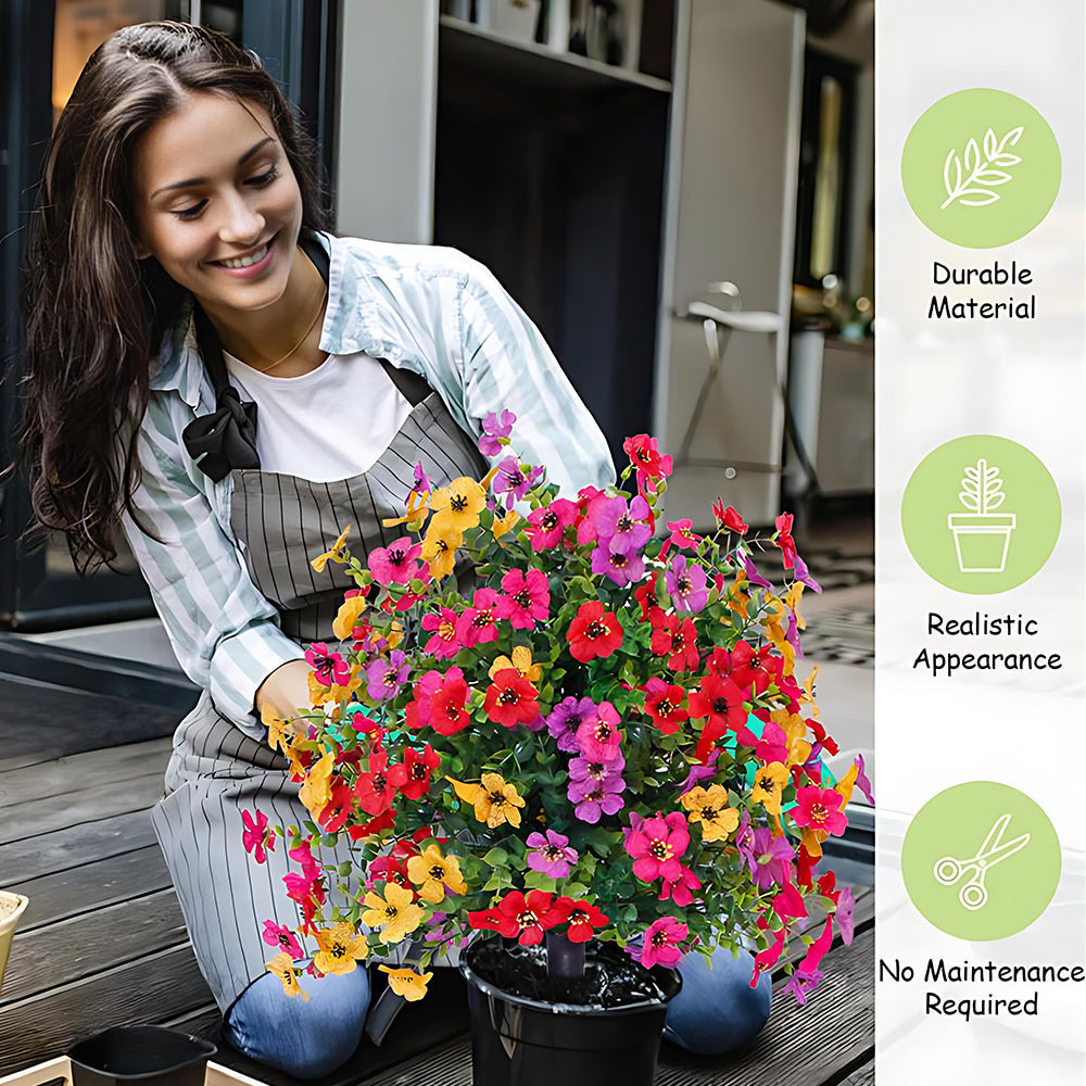 Artificial outdoor flower garden stake with dense colourful blooms and green foliage