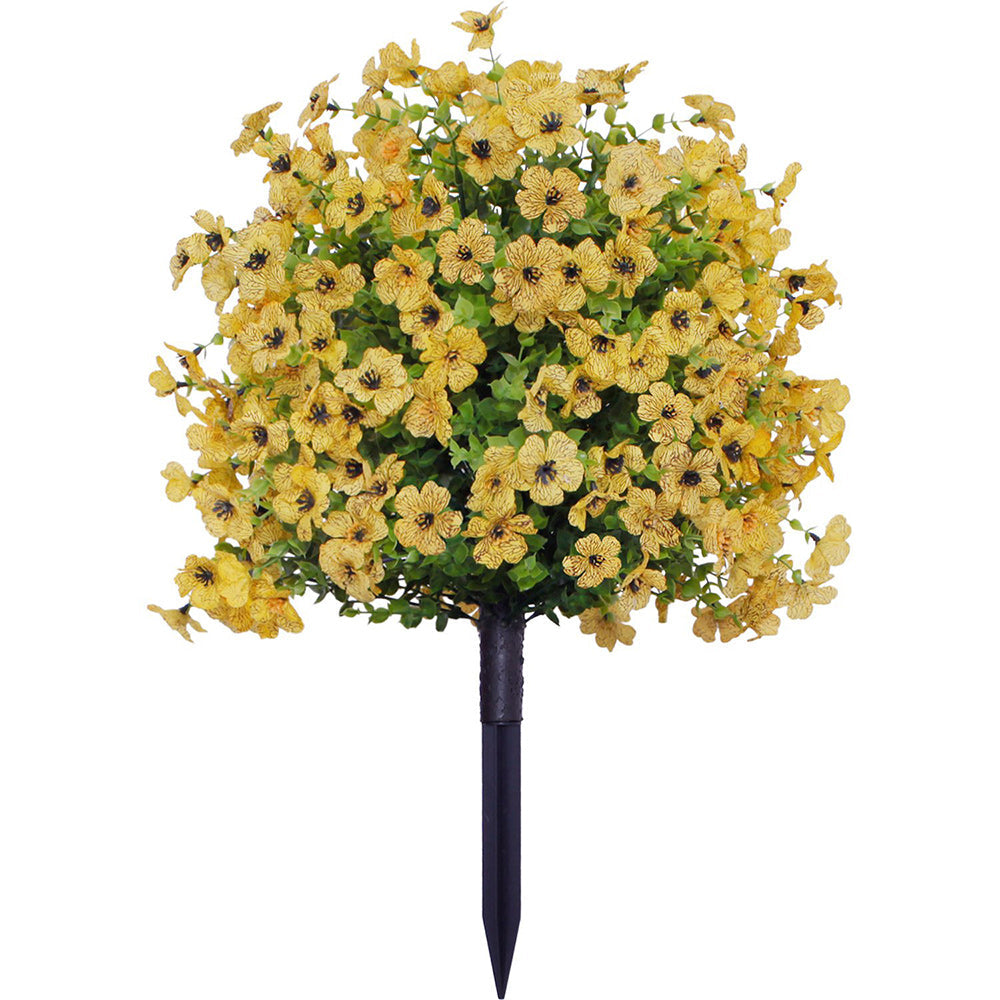 Artificial outdoor flower garden stake with dense colourful blooms and green foliage