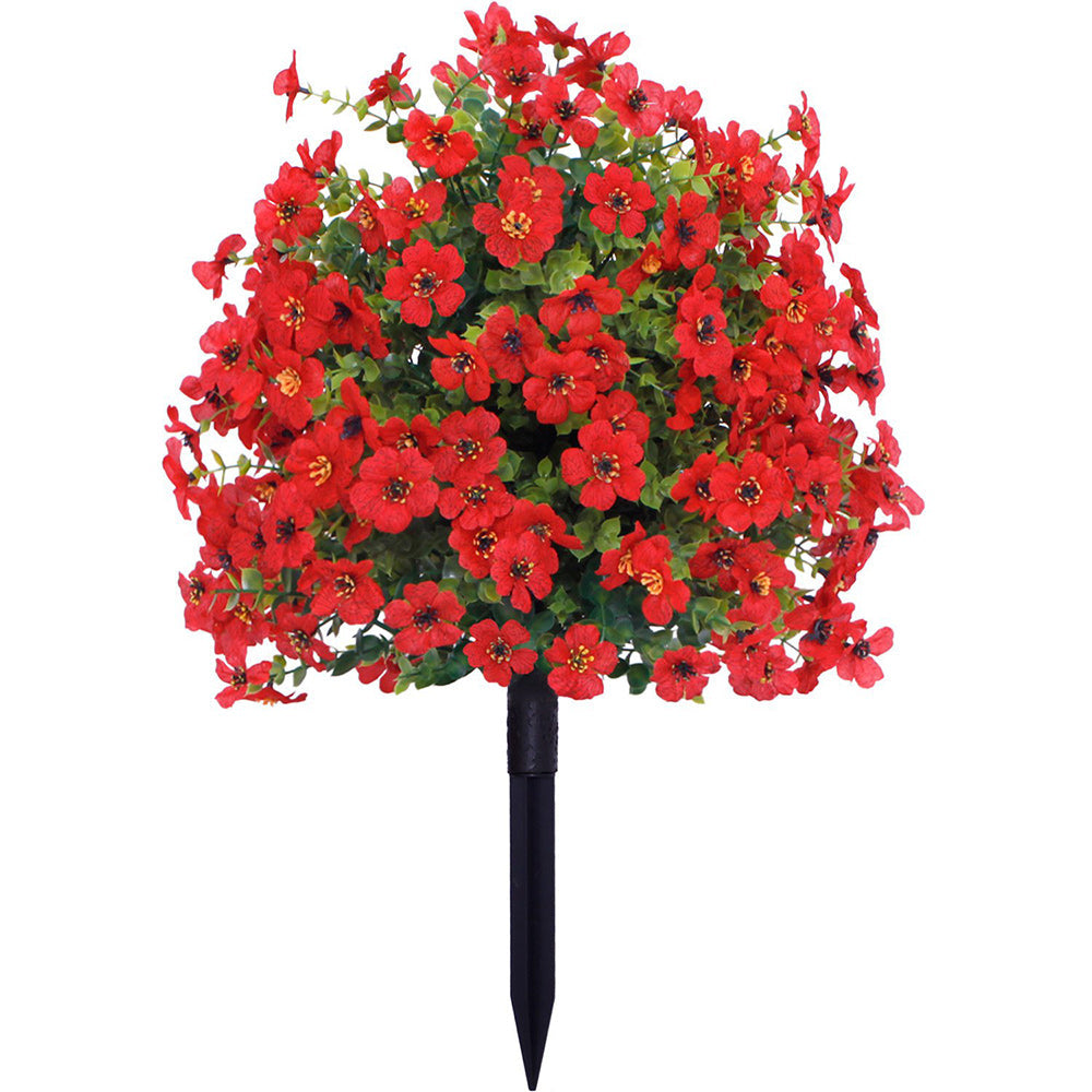Artificial outdoor flower garden stake with dense colourful blooms and green foliage