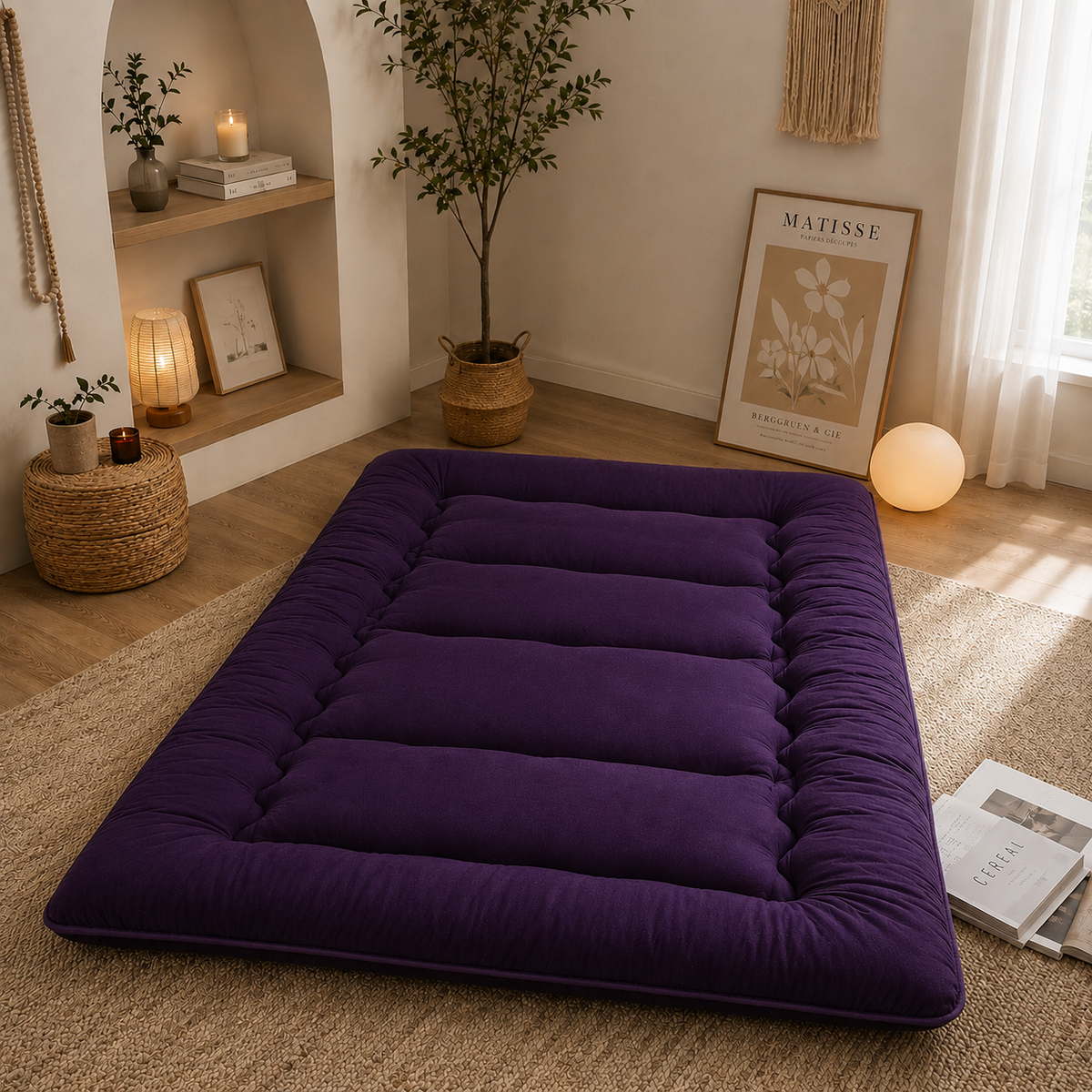 Foldable padded Japanese floor mattress with a raised border