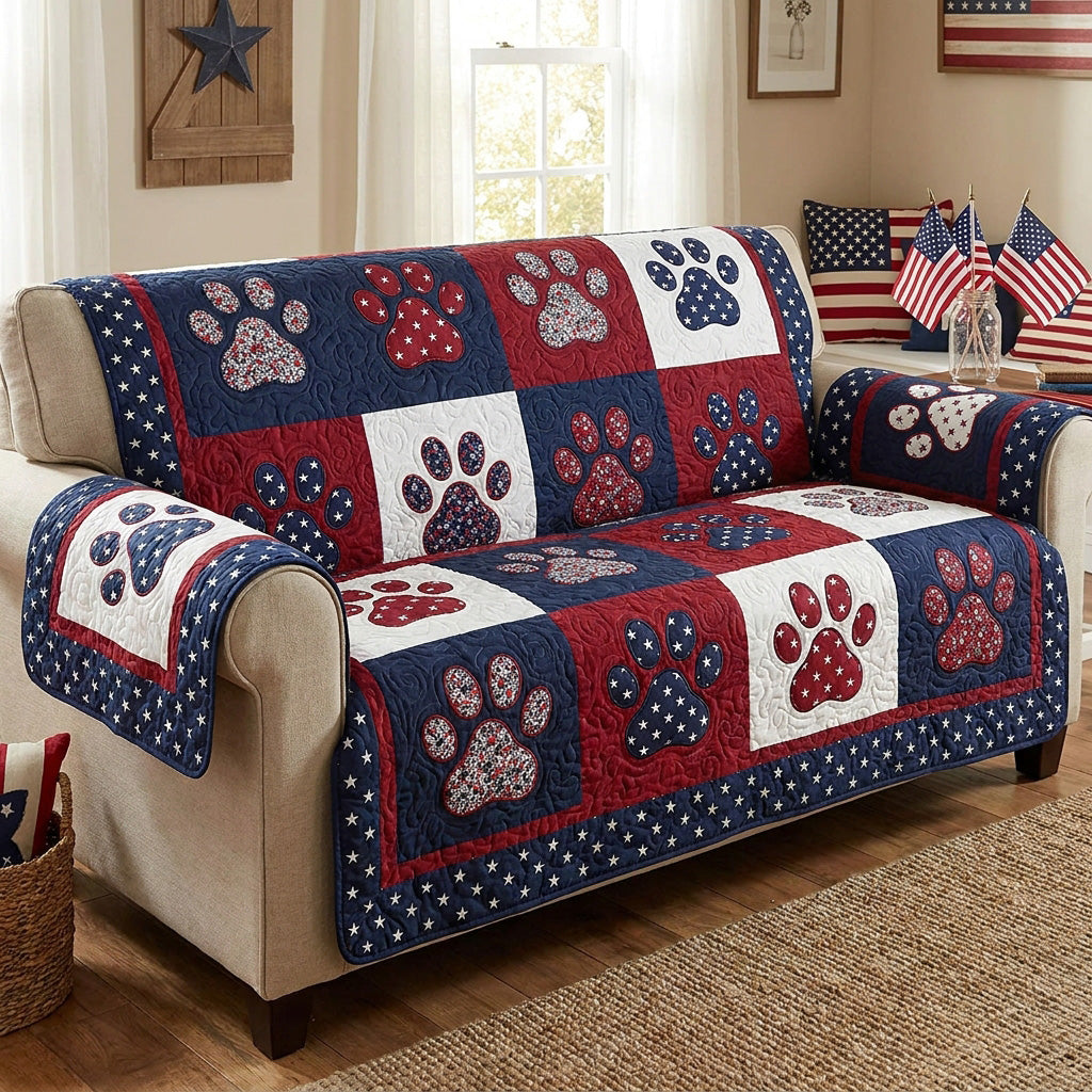 Blue red and white quilted sofa cover with paw prints and stars
