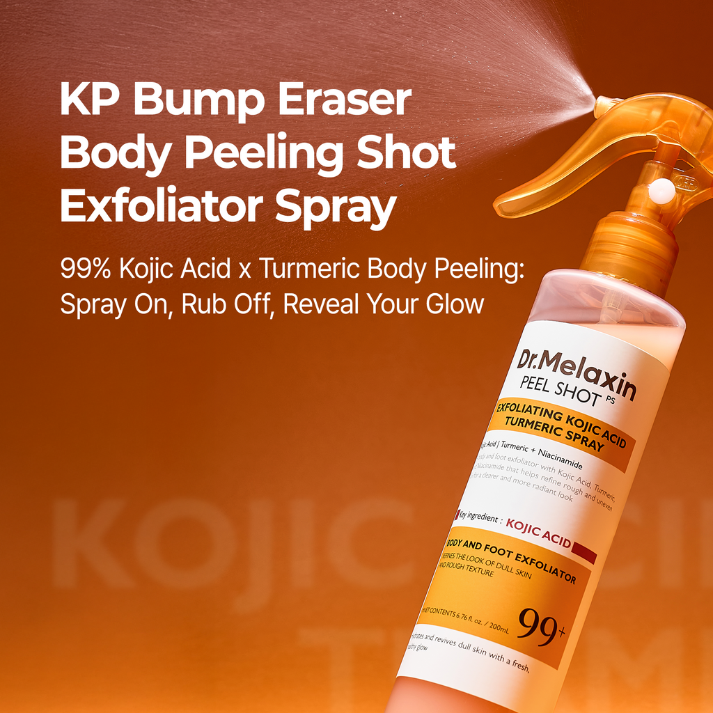 Four-piece kojic acid face and body care set with spray, serum, toner pads and body cream