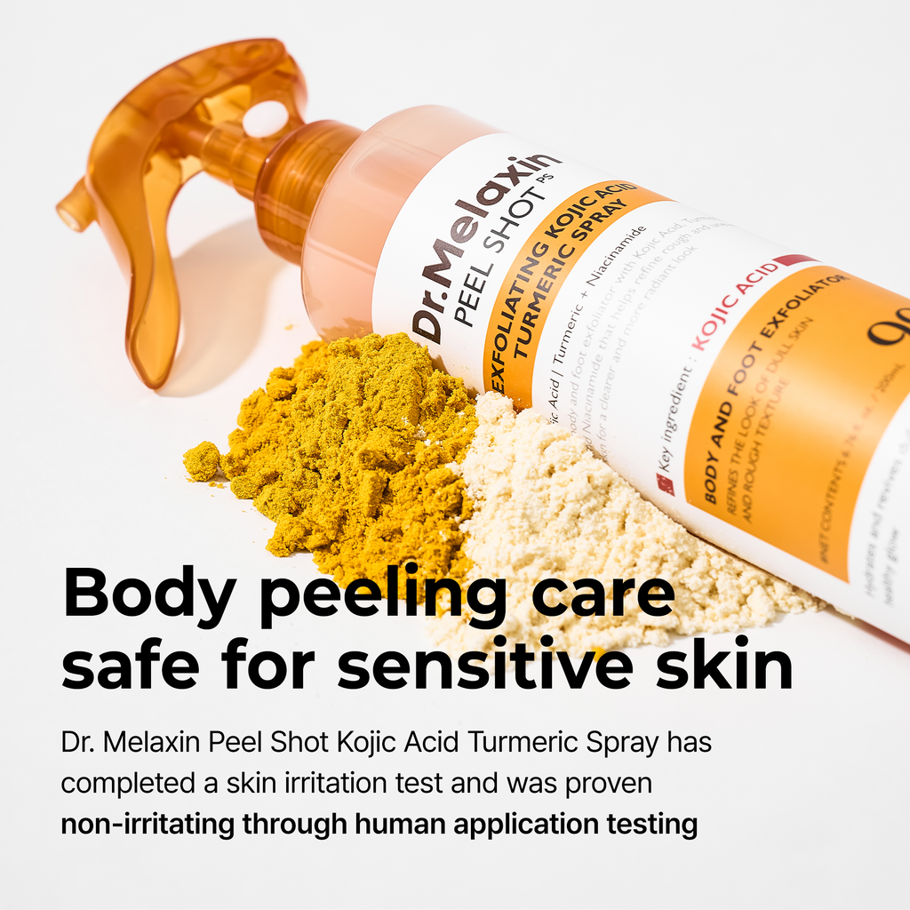 Four-piece kojic acid face and body care set with spray, serum, toner pads and body cream