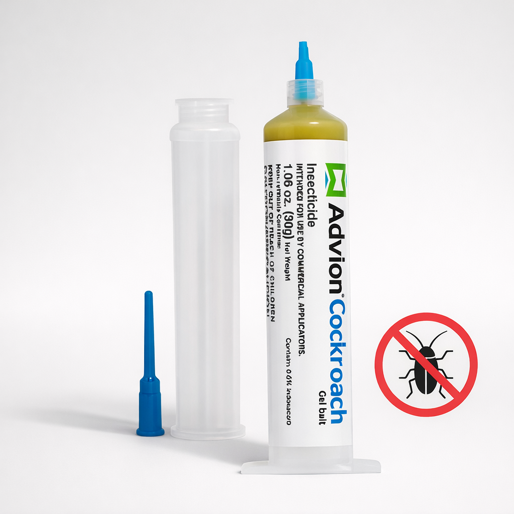 White cockroach gel bait syringe with blue precision nozzle