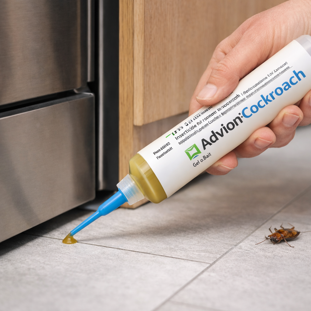 White cockroach control gel syringe with blue pointed nozzle and yellow gel