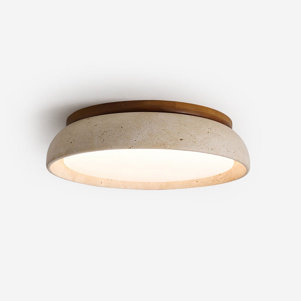 Round flush ceiling light with textured stone-effect surround and wood-effect trim