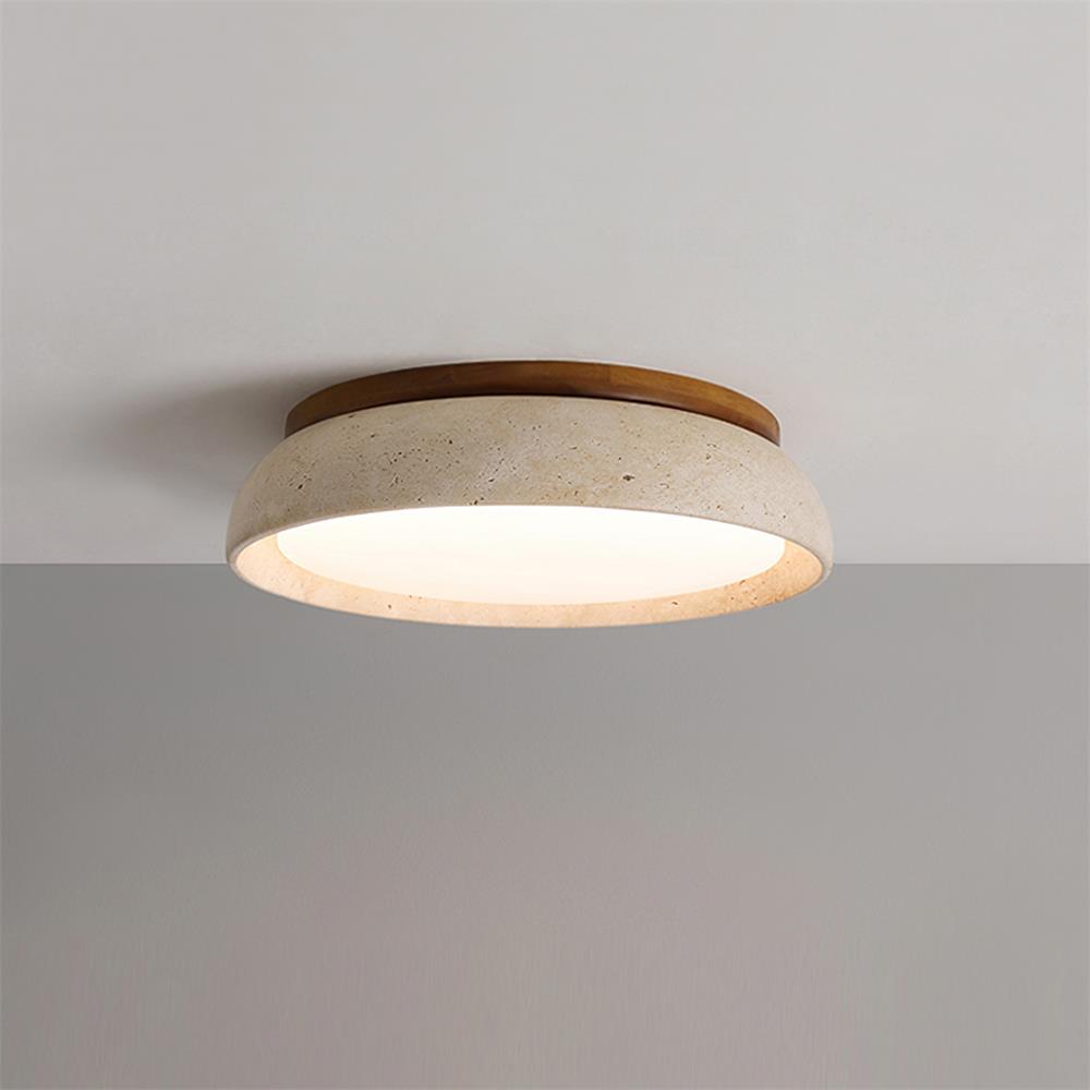 Round flush ceiling light with textured stone-effect surround and wood-effect trim