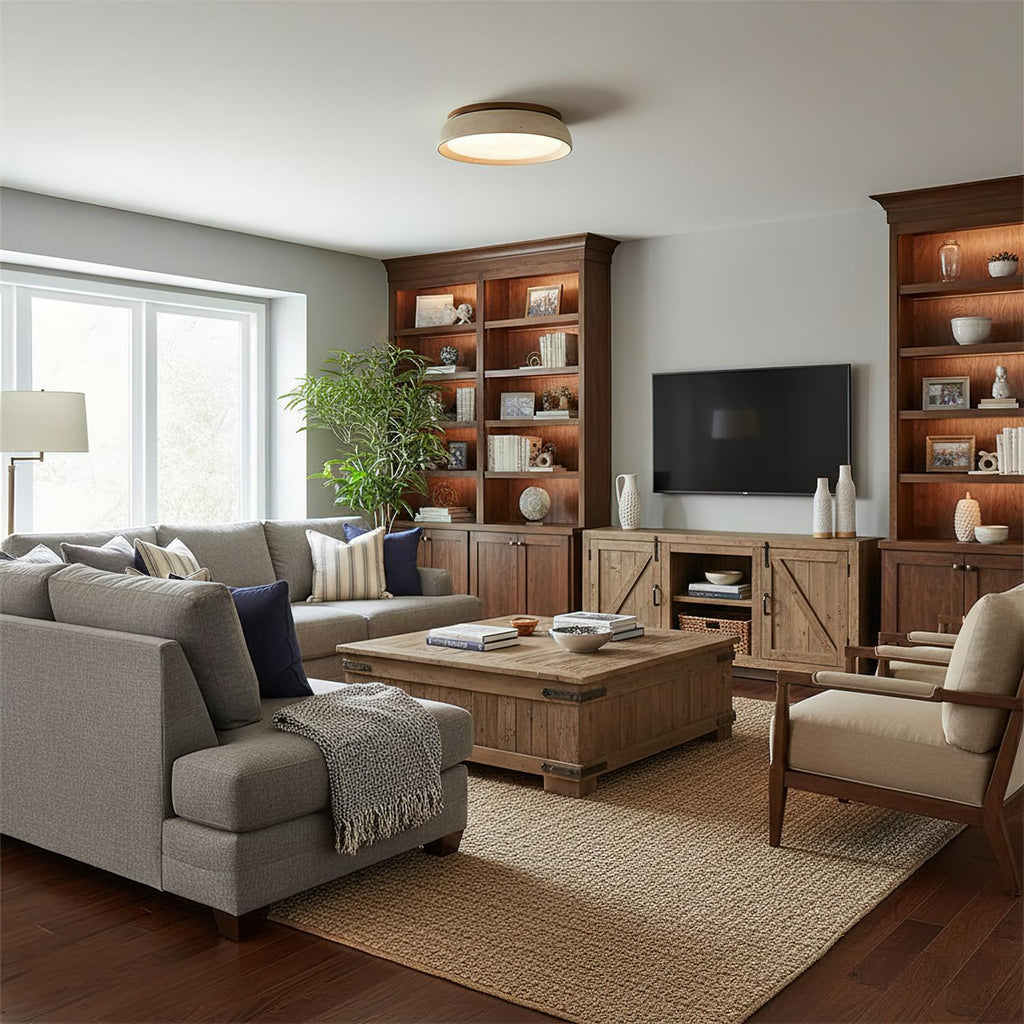 Round flush ceiling light with textured stone-effect surround and wood-effect trim