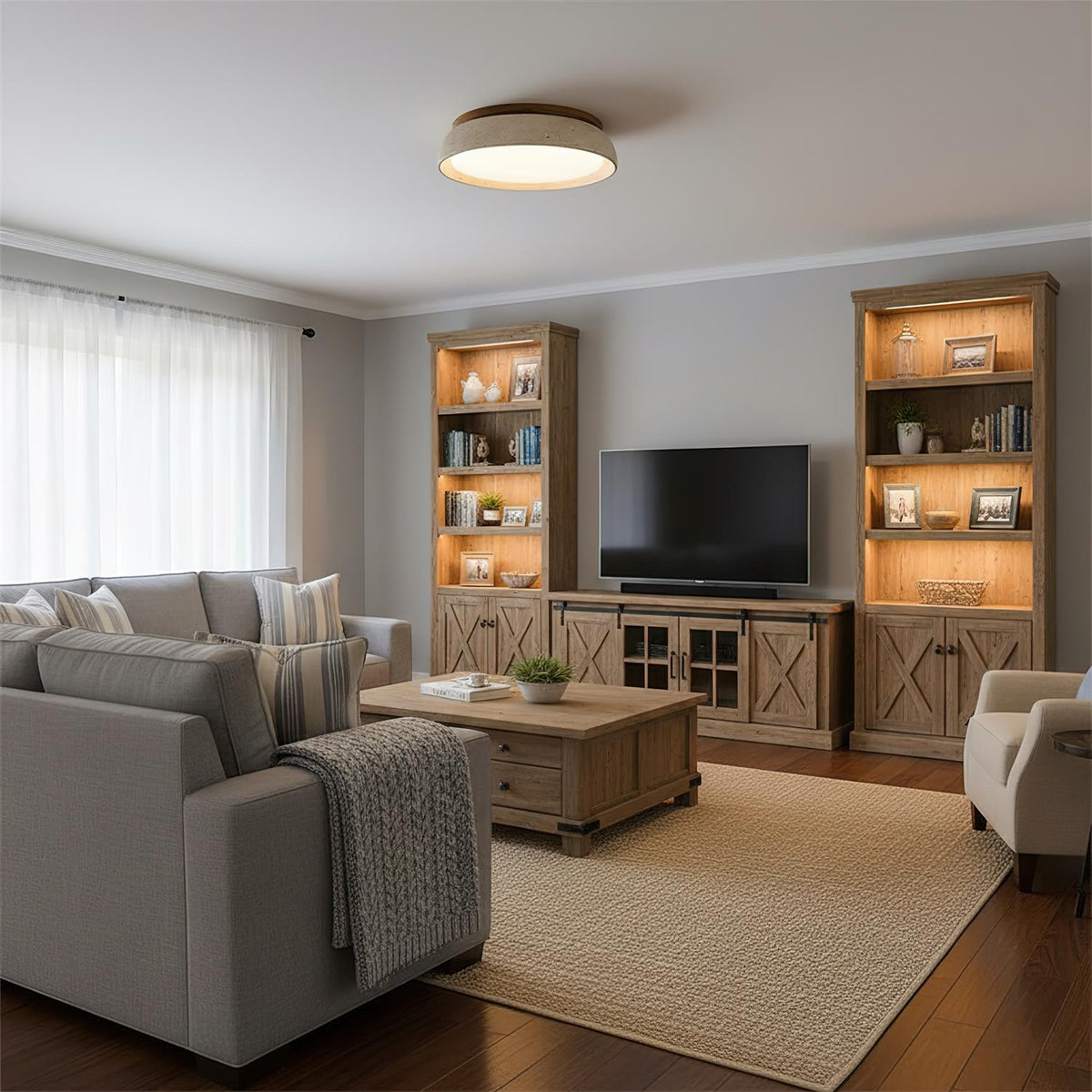 Round flush ceiling light with textured stone-effect surround and wood-effect trim