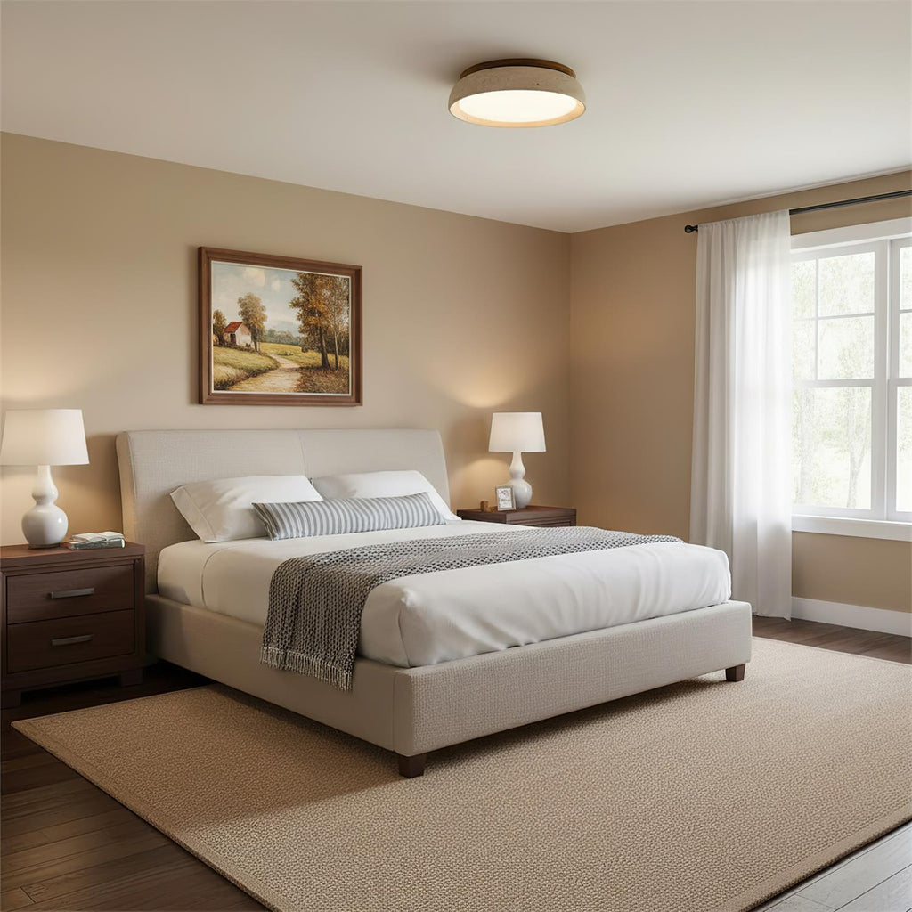 Round flush ceiling light with textured stone-effect surround and wood-effect trim