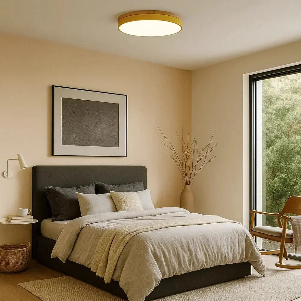 Circular flush-mount ceiling light with white diffuser and wood-effect rim