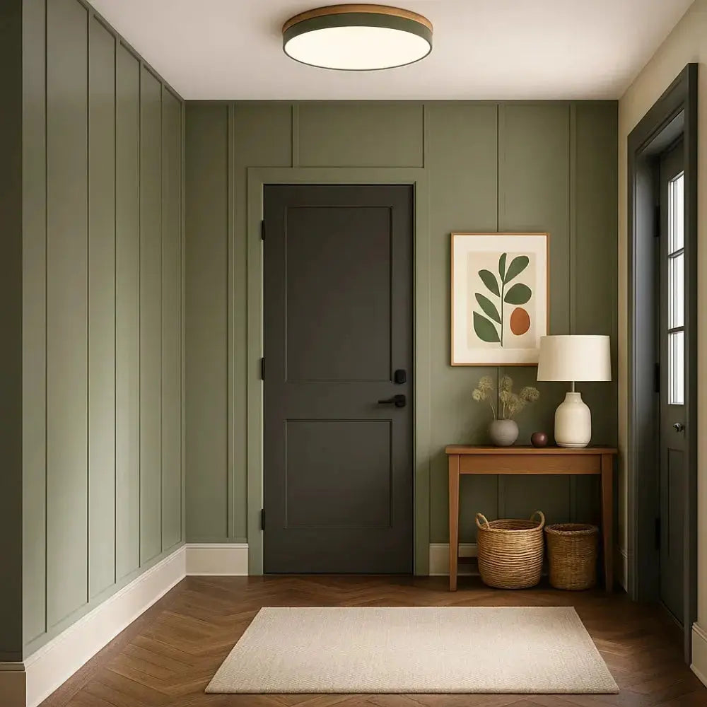 Circular flush-mount ceiling light with white diffuser and wood-effect rim
