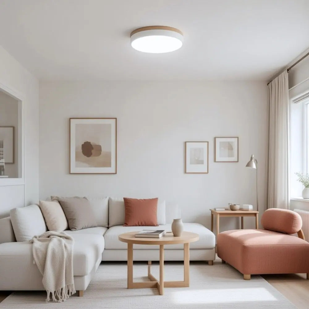 Circular flush-mount ceiling light with white diffuser and wood-effect rim