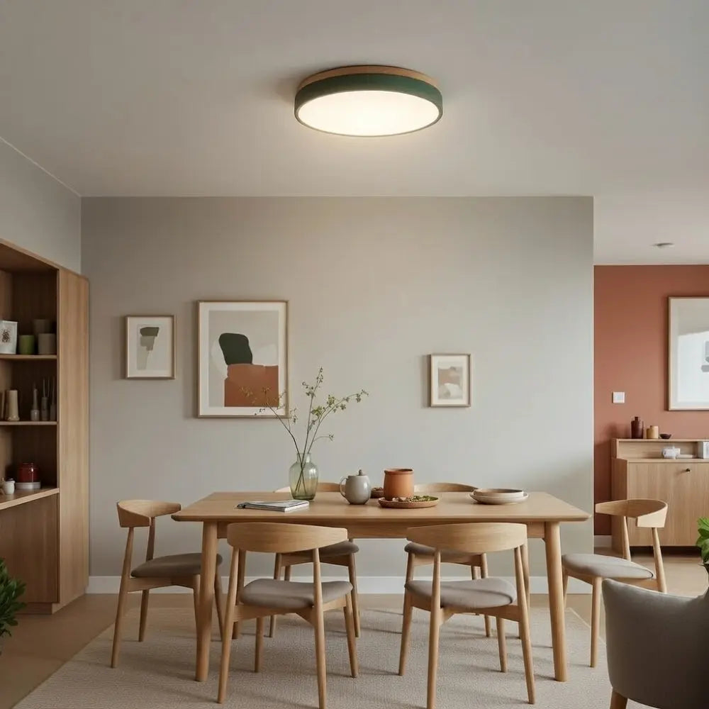 Circular flush-mount ceiling light with white diffuser and wood-effect rim