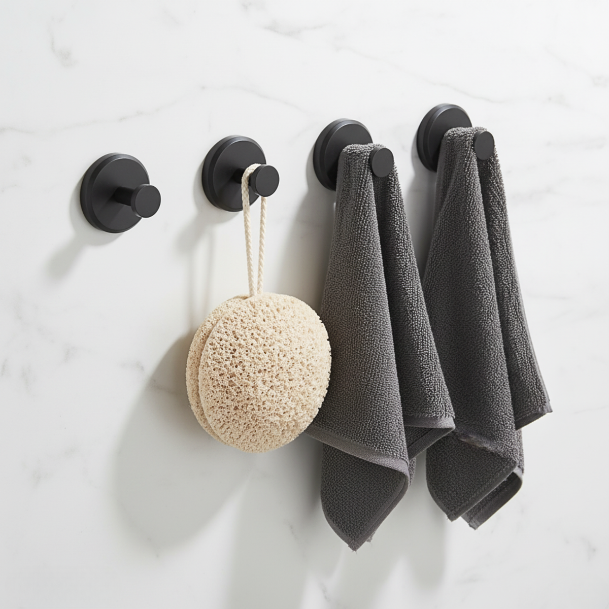 Four round self-adhesive wall hooks for bathroom and kitchen storage