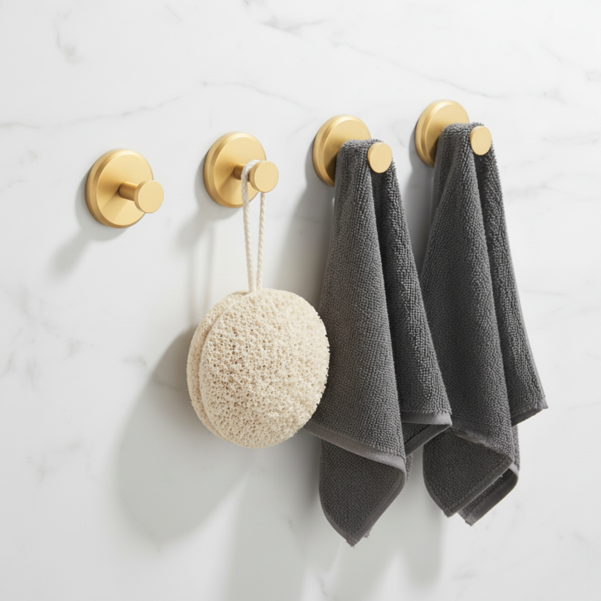 Four round self-adhesive wall hooks for bathroom and kitchen storage