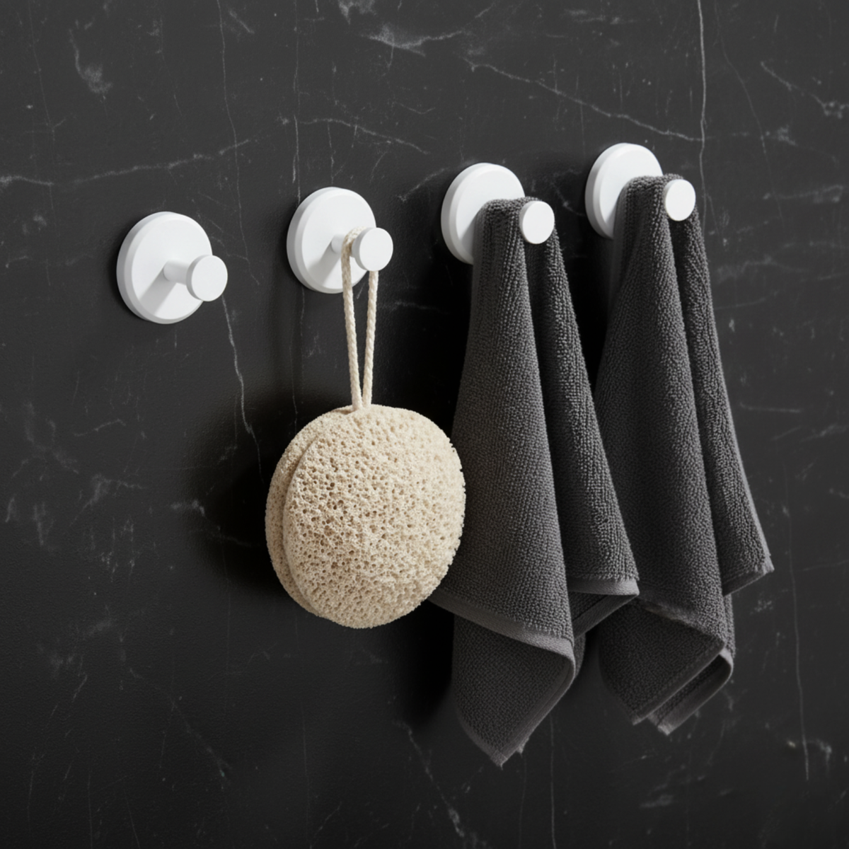 Four round self-adhesive wall hooks for bathroom and kitchen storage