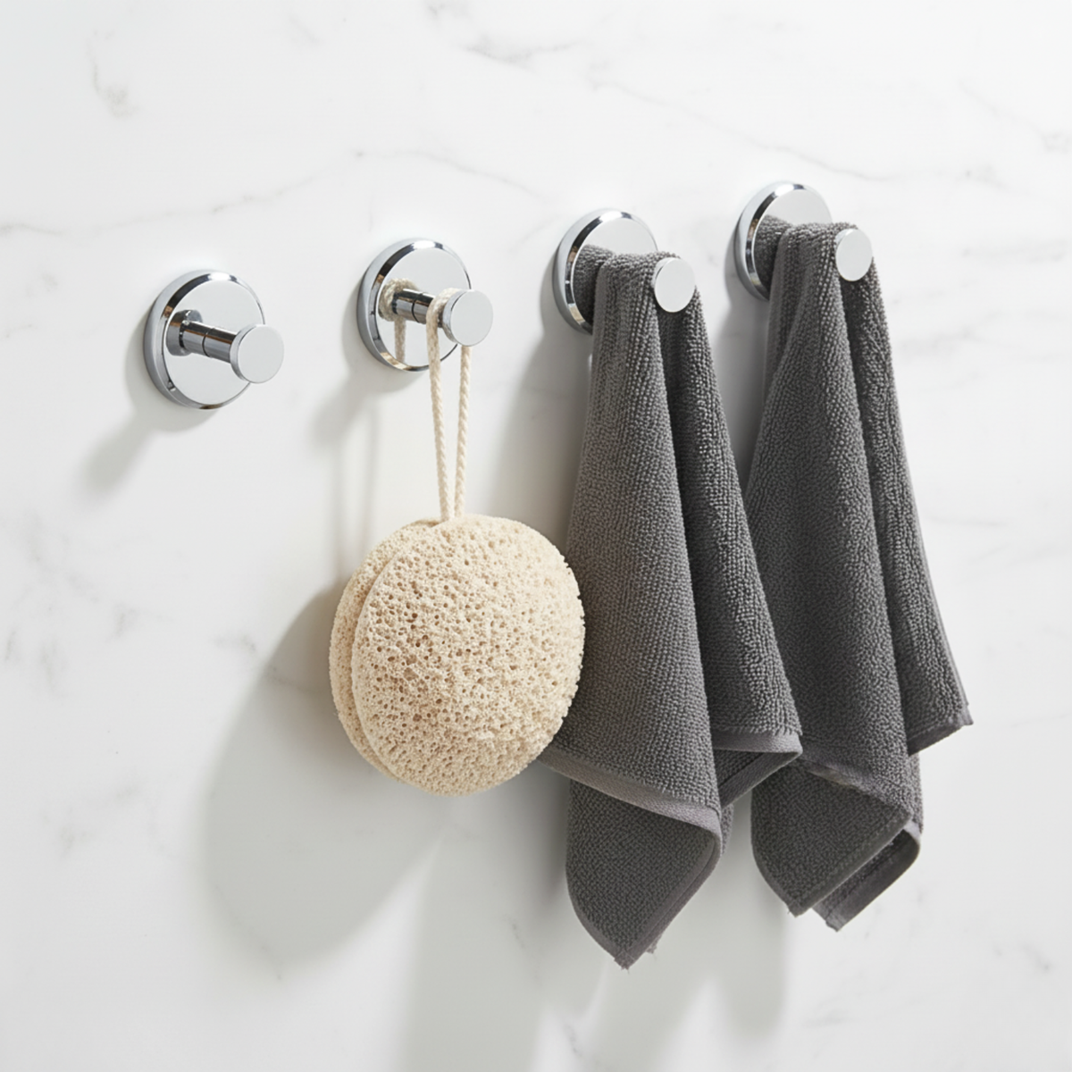 Four round self-adhesive wall hooks for bathroom and kitchen storage