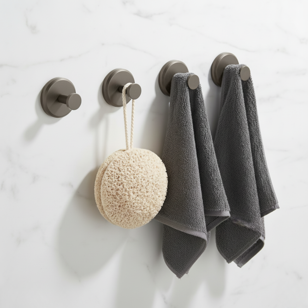 Four round self-adhesive wall hooks for bathroom and kitchen storage