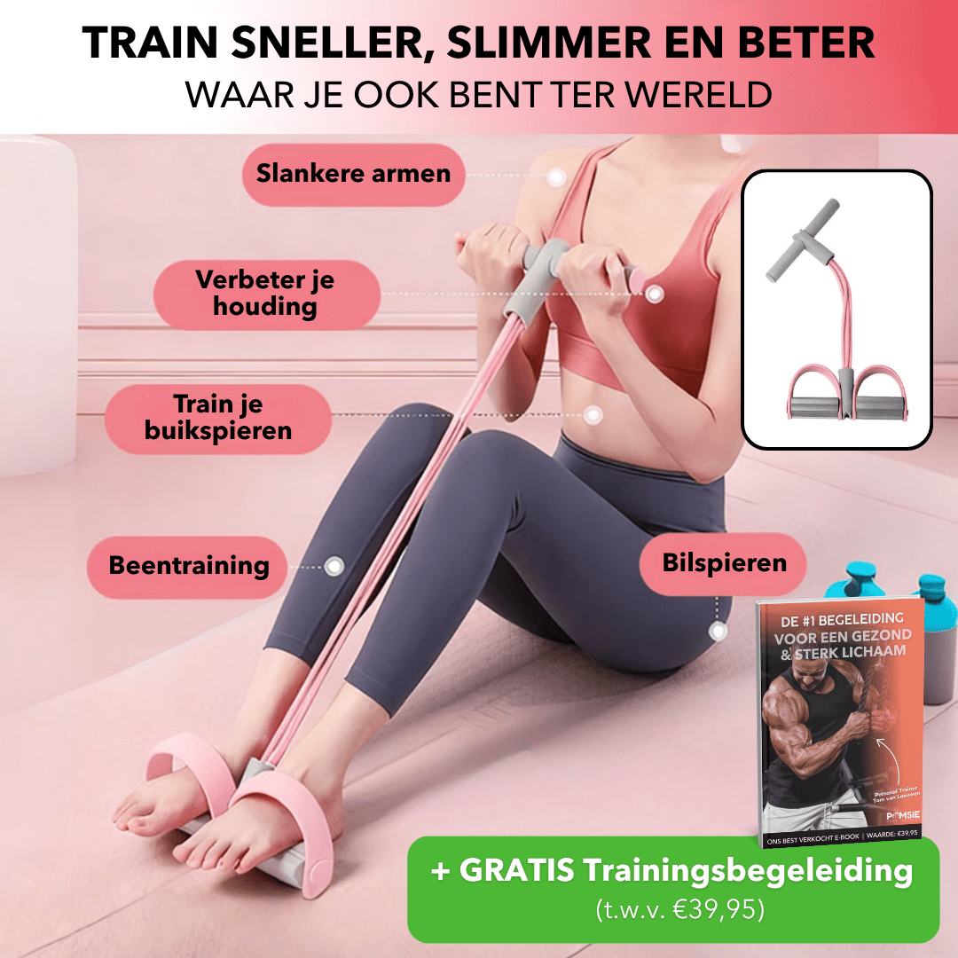 Pink multifunctional resistance band with grey handles and foot loops