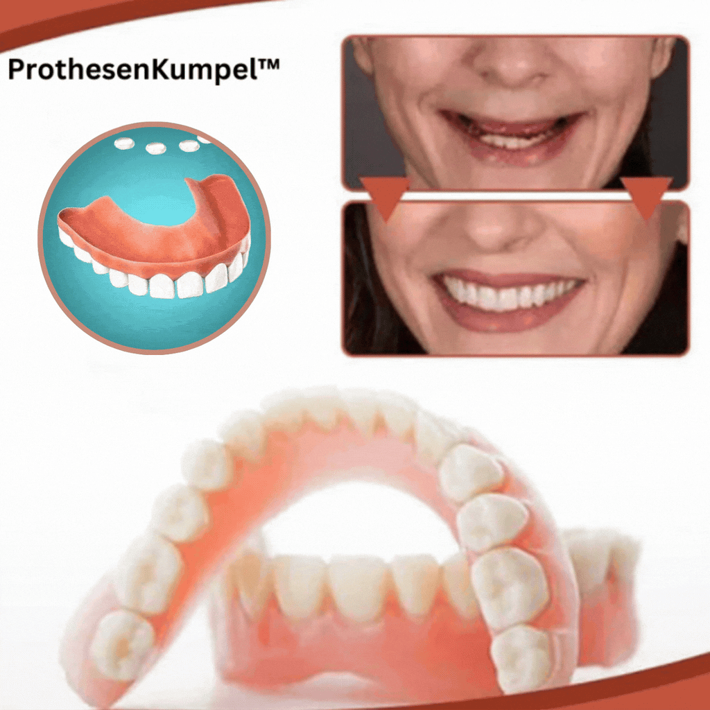 Upper and lower dentures with pink gum-coloured bases and white teeth