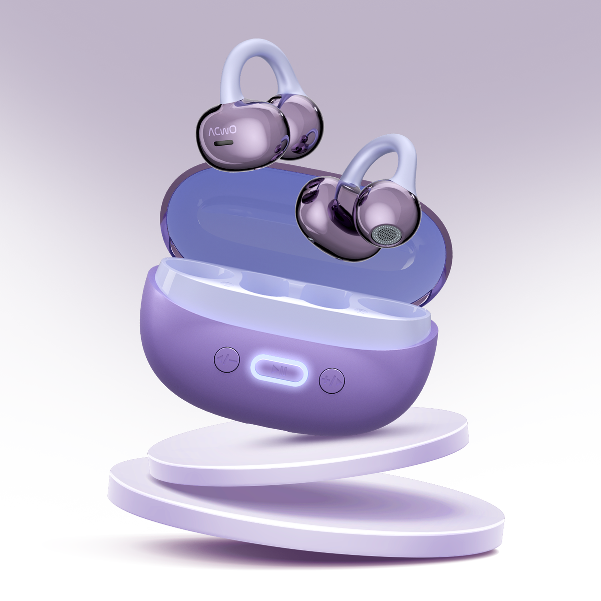True wireless earbuds with curved ear hooks in an open charging case