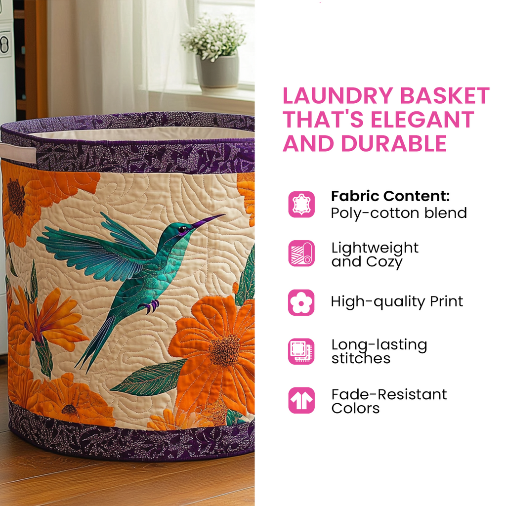Blue quilted laundry basket with handles and wave pattern