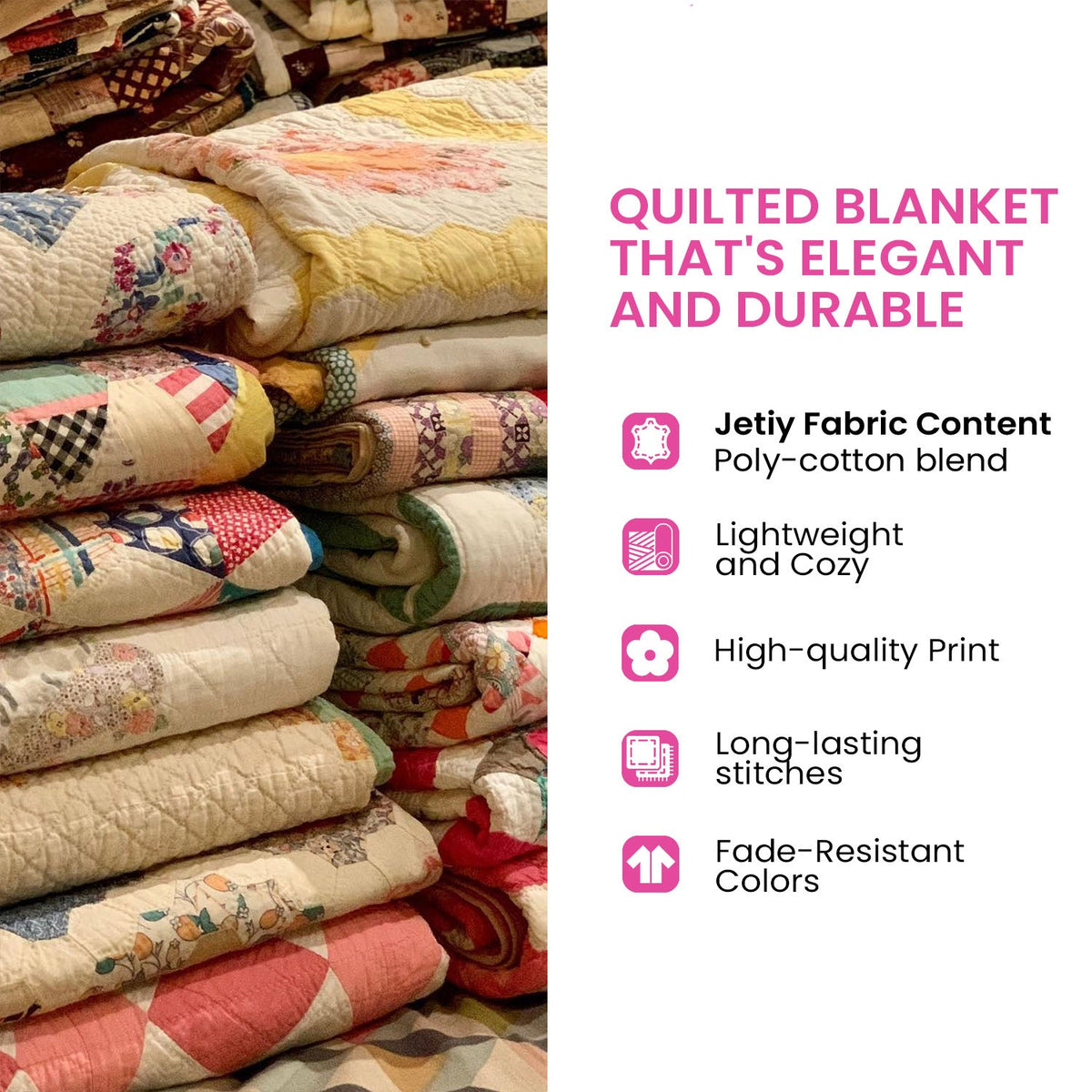 Quilted patchwork blanket with red blue and cream star design