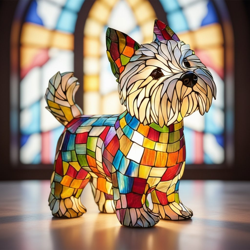 Colourful stained glass-style dog table lamp with LED light and USB cable